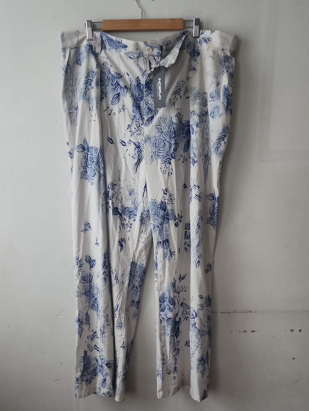 Men's White Floral Dress Pants with Blue Print